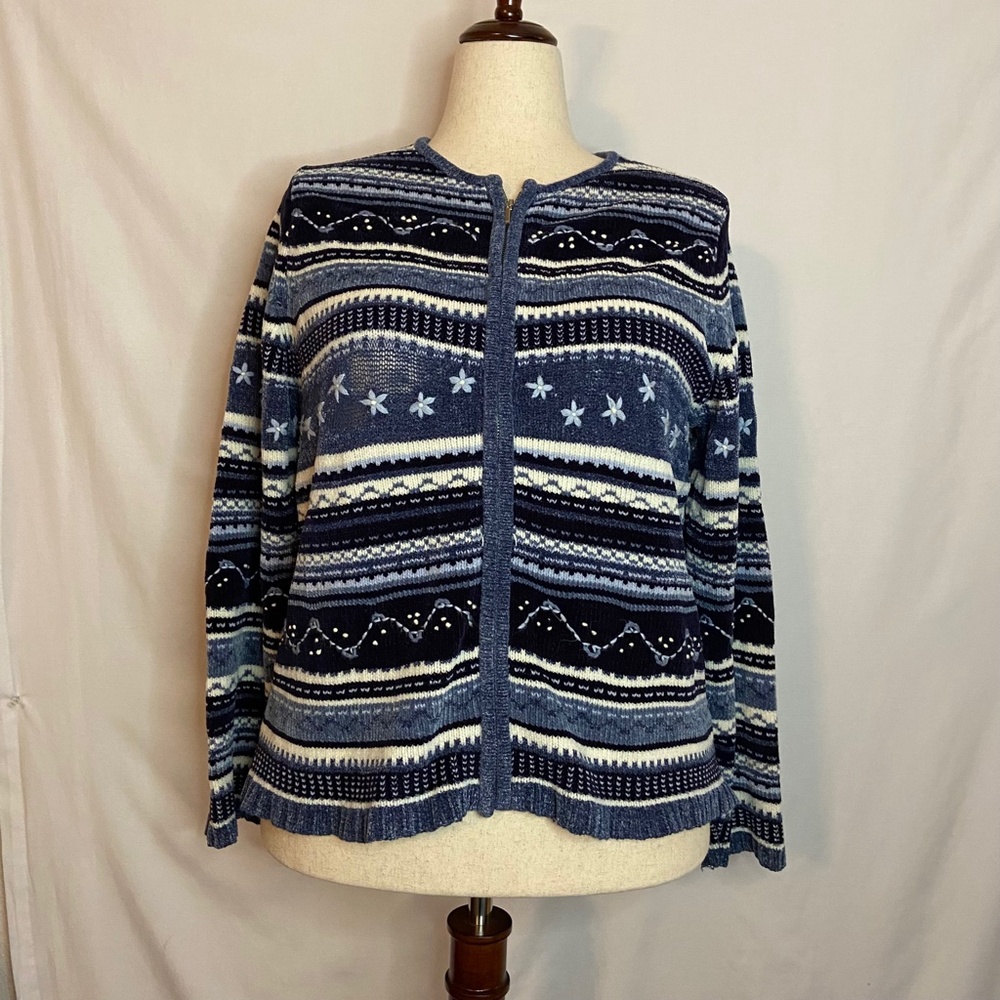 Vintage Jennifer Moore Petite Blue & White Front Zip Embroidered Sweater Size L